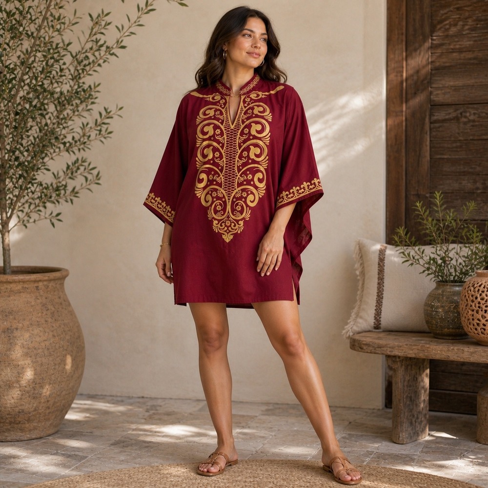 Boho‎ Burgundy Gold Print Tunic Dress Caftan Cottagecore Festival Resort